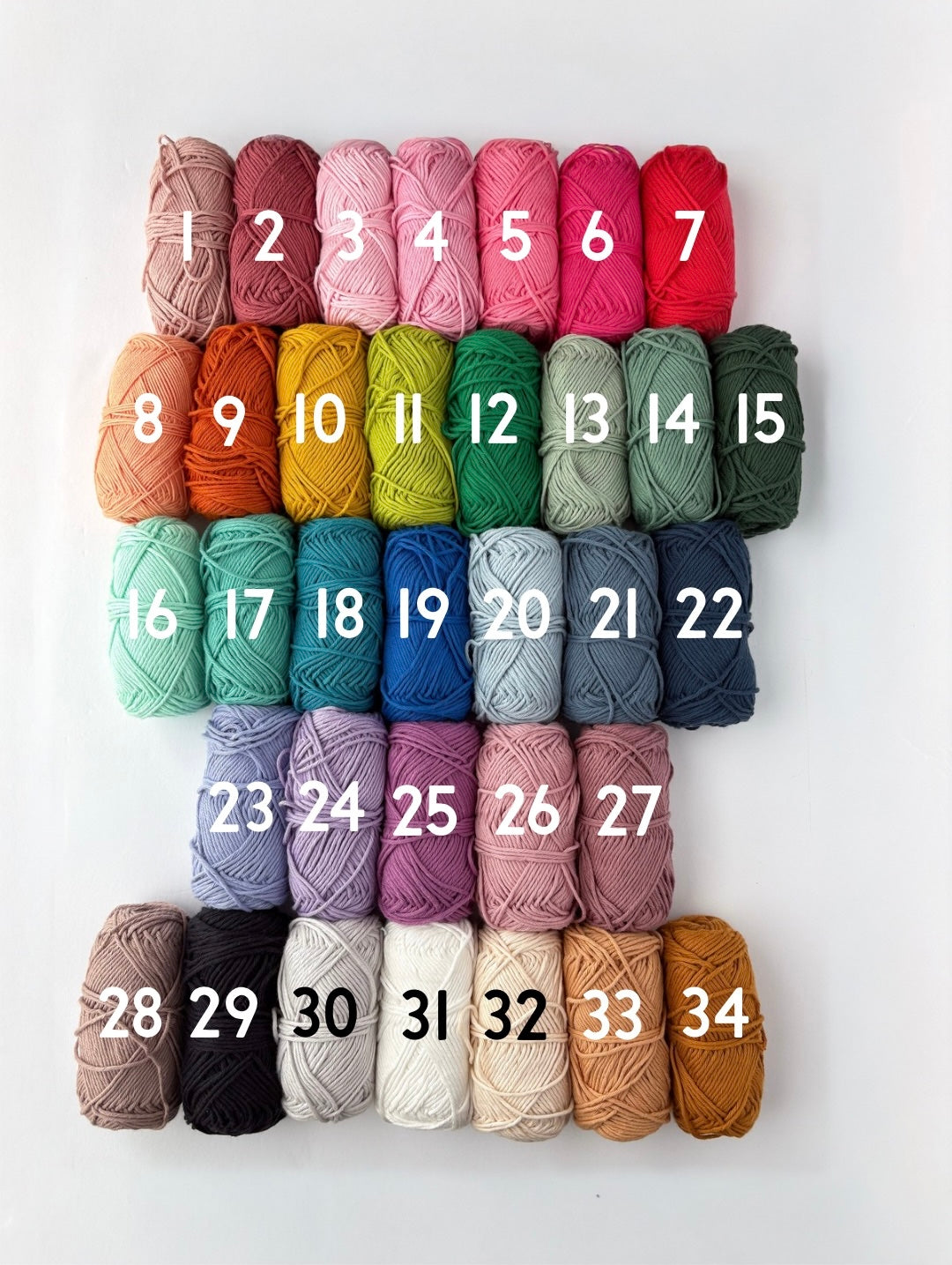 Assortment of yarn balls in various colors with numbers on a white background